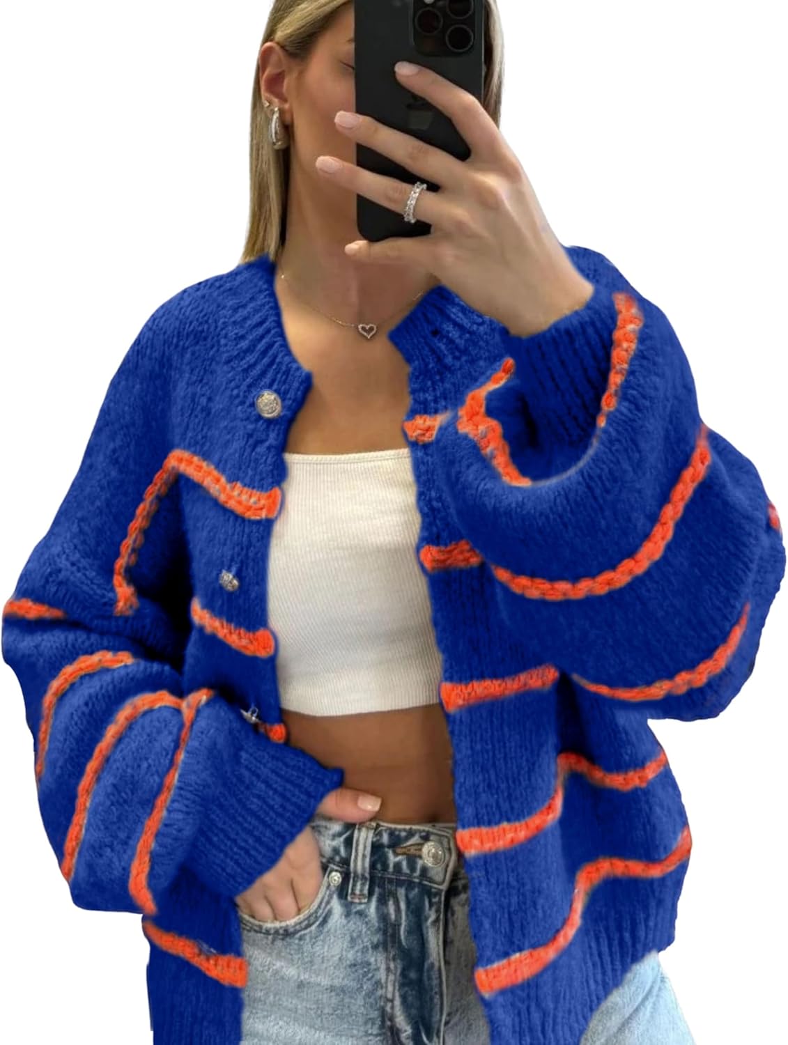 QIBABU Womens Striped Cardigan Sweaters Casual Open Front Long Sleeve Button Down Knit Outwear