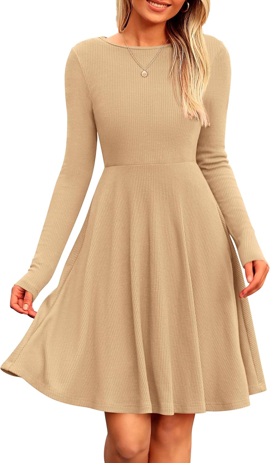 PRETTYGARDEN Women's Fall Short Dress Ribbed Knit Crewneck Long Sleeve A Line Flowy Casual Elegant Going Out Winter Dresses