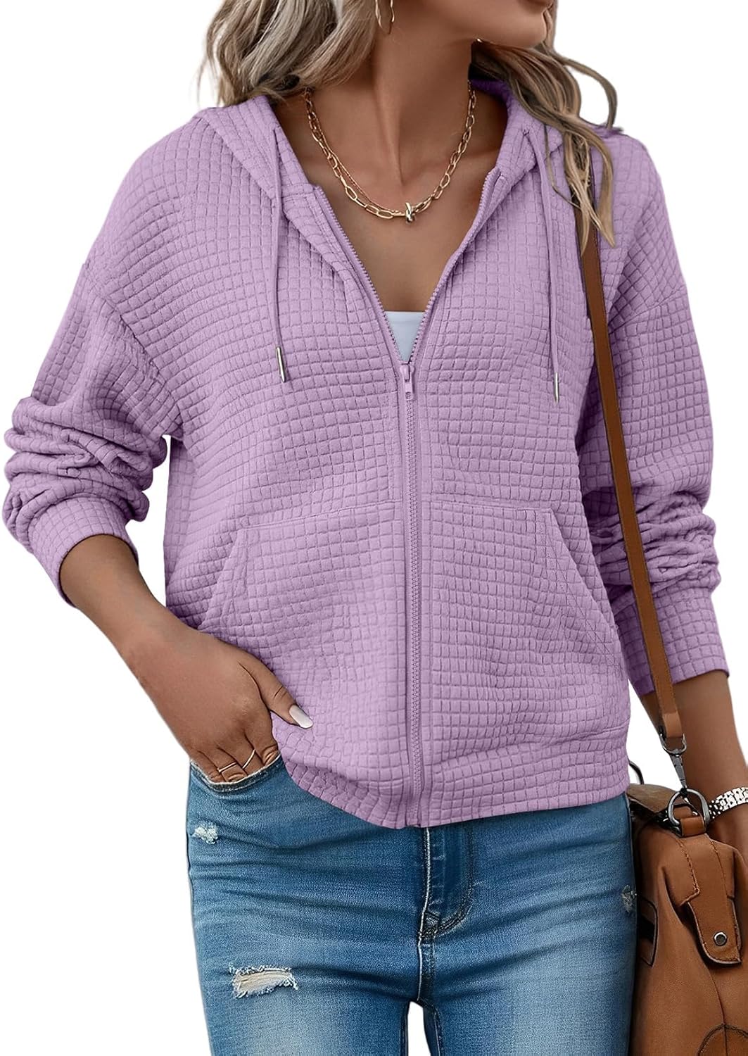 SHEWIN Womens Zip Up Hoodies Oversized Sweatshirt Fall Fashion Outfits 2025 Casual Waffle Hooded Jackets