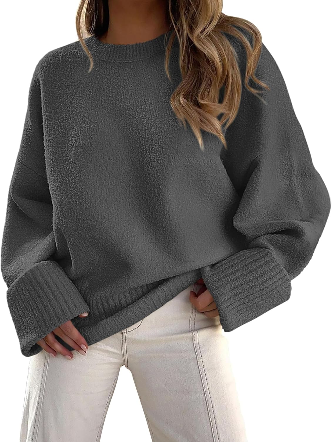 PRETTYGARDEN Women's Fall Oversized Sweaters Casual Crewneck Pullover Long Sleeve Fuzzy Chunky Knit Tops Blouse