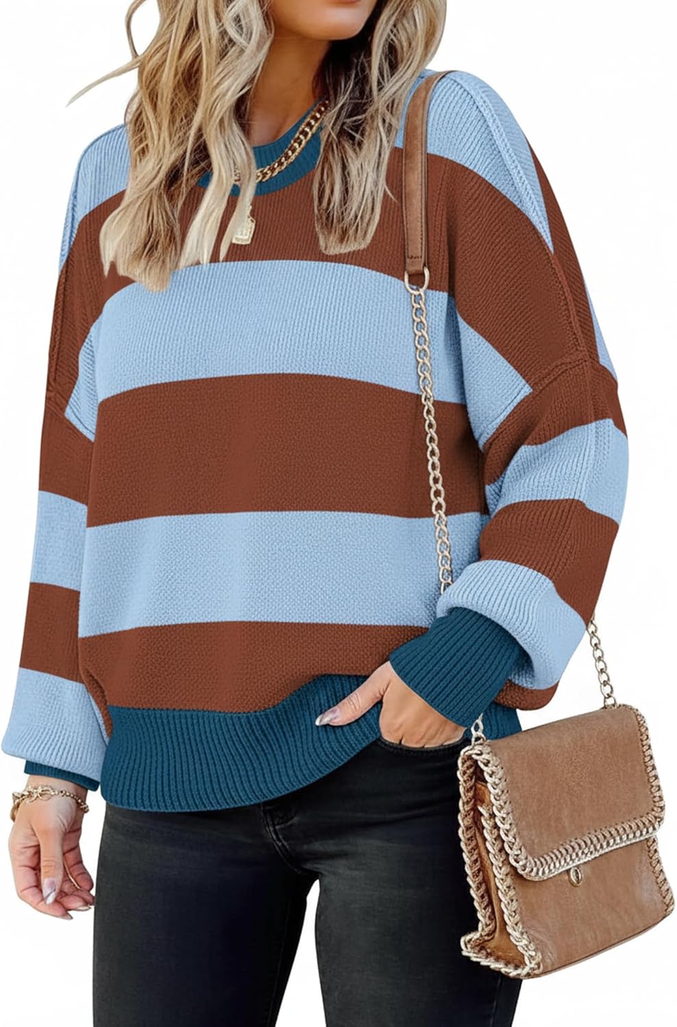 ETCYY Womens Oversized Sweaters Fall 2025 Fashion Clothes Trendy Batwing Sleeve Colorblock Striped Knit Pullover Tops