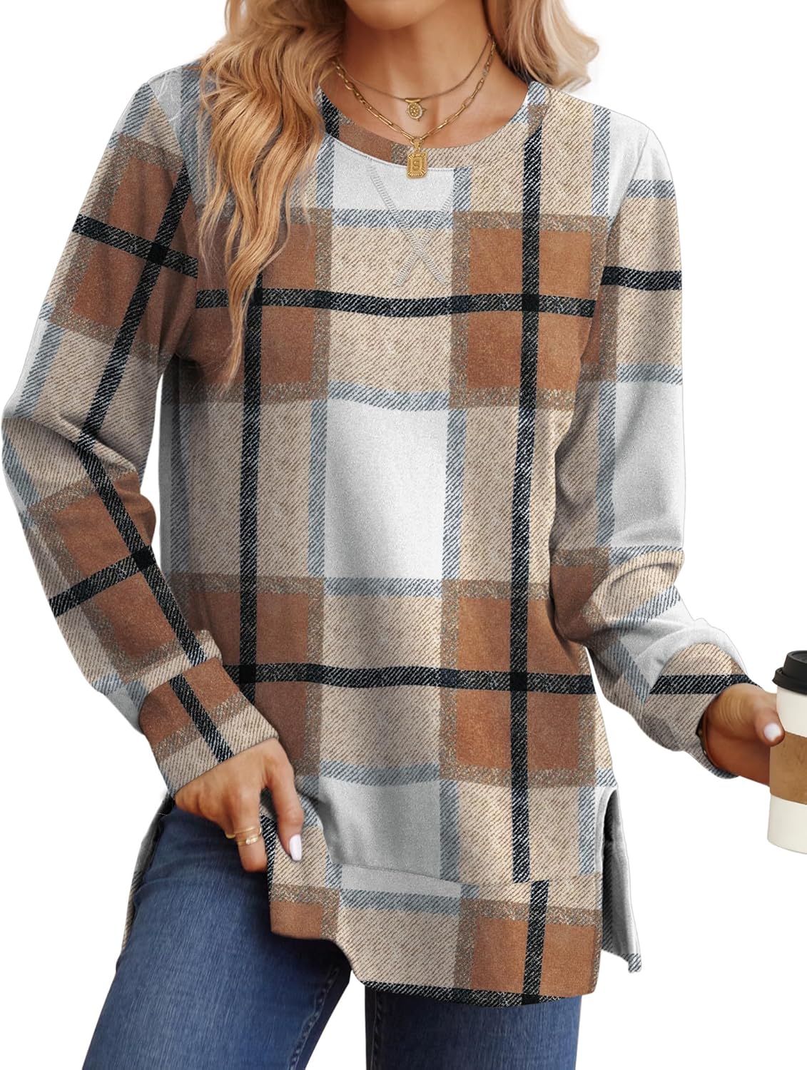 Saloogoe Sweatshirt for women Side Split Fall Fashion 2025 Long Sleeve Shirts Trending Now