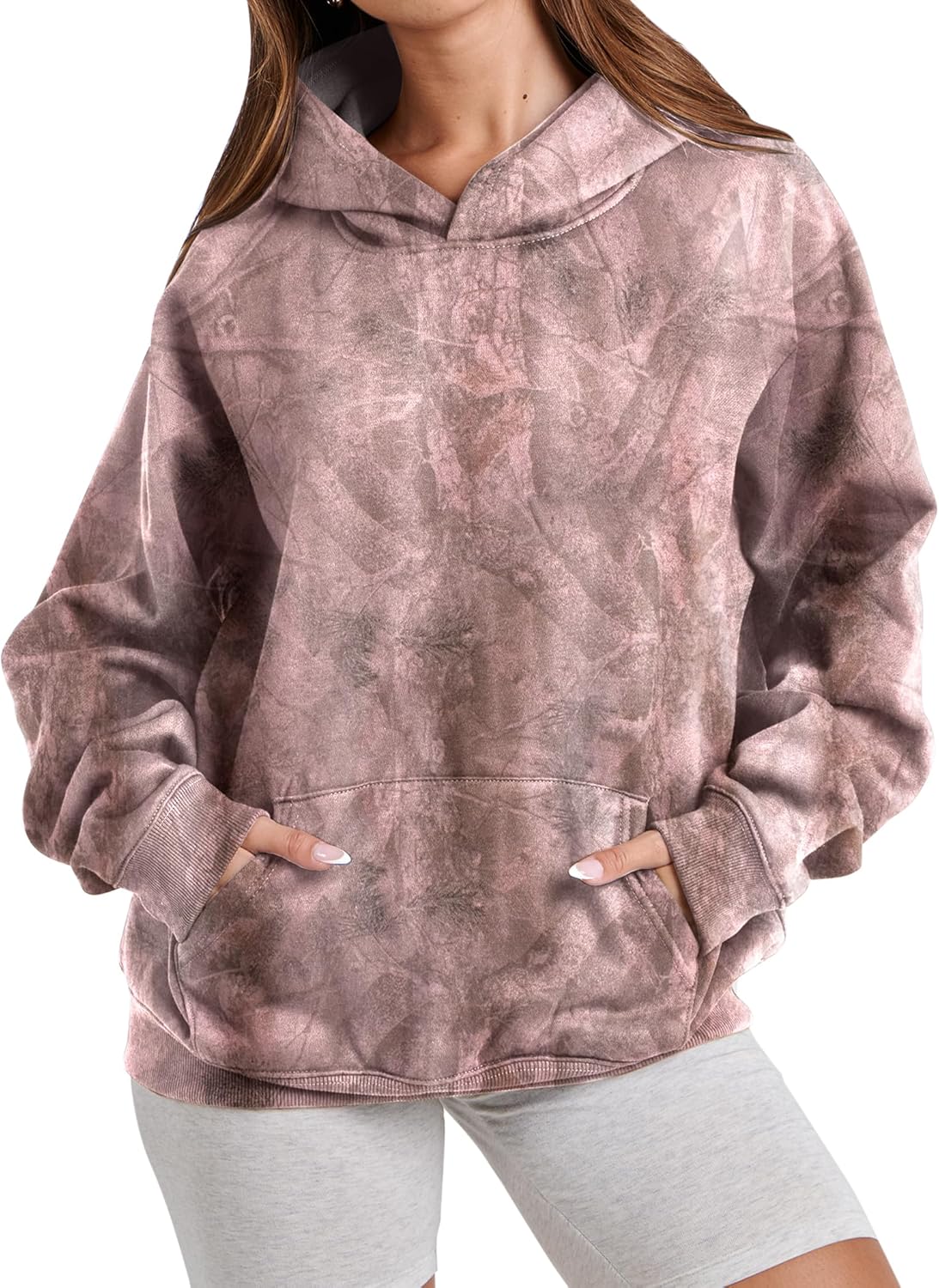 Womens Camo Hoodies Maple Leaf Print Oversized Hooded Sweatshirt Fleece Pullover Sweatshirts Long Sleeve with Pocket