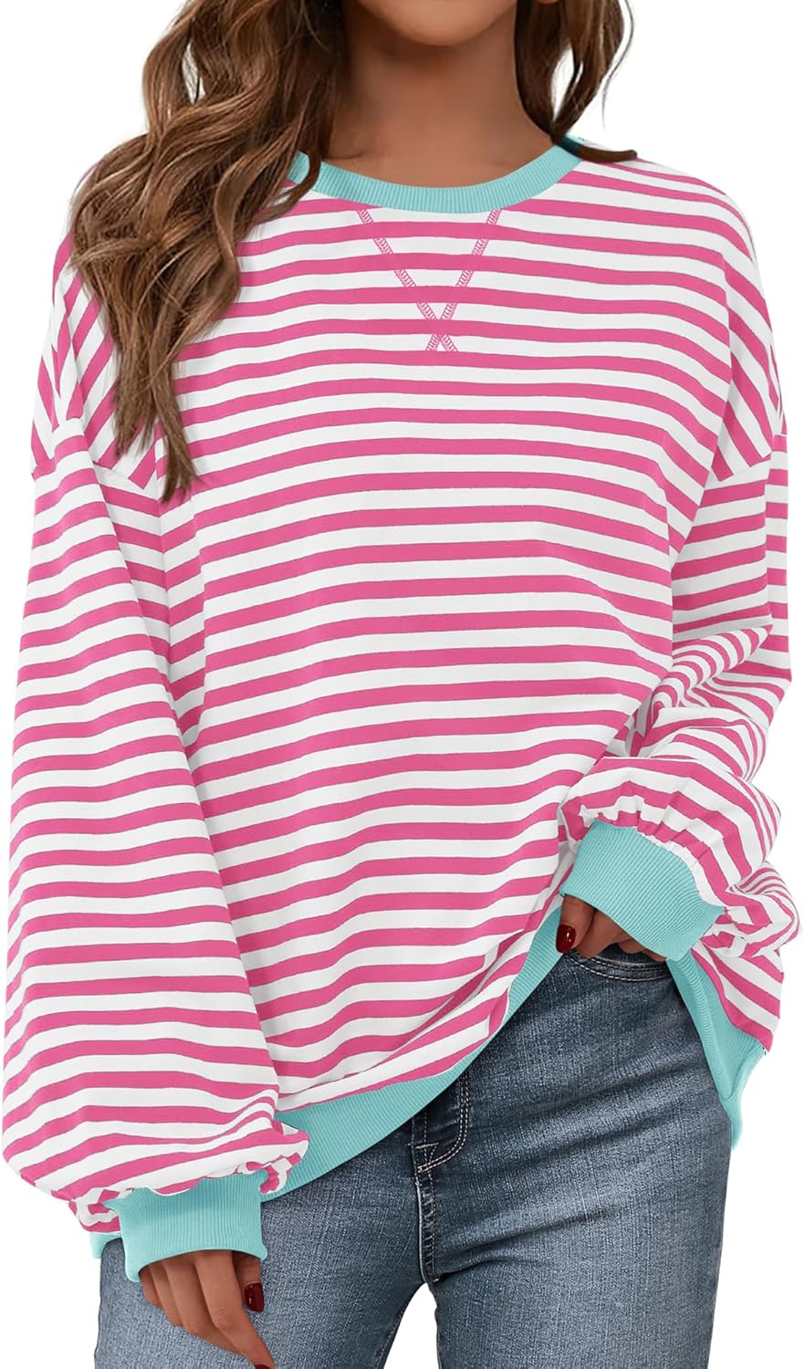 BTFBM Womens Oversized Striped Sweatshirt Crewneck Long Sleeve Pullover Top Casual Y2K Fall Clothes 2025 Workout Shirt