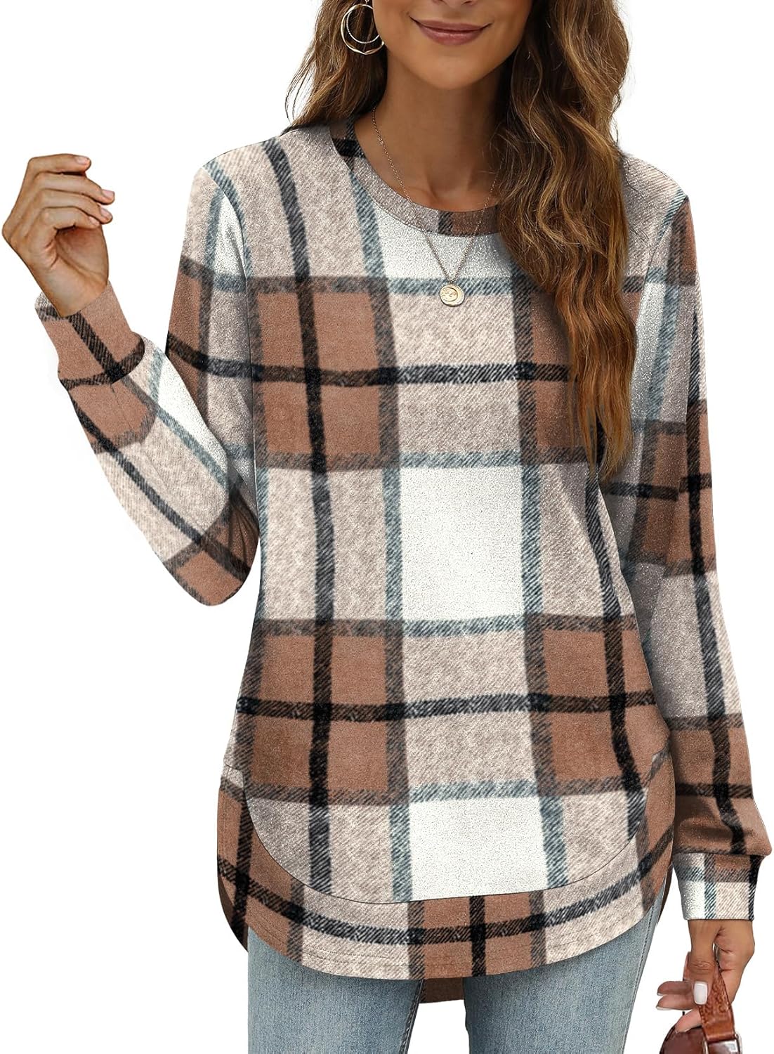 OFEEFAN Womens Sweatshirt Crewneck Long Sleeve Shirts High Low Tops Curved Hem