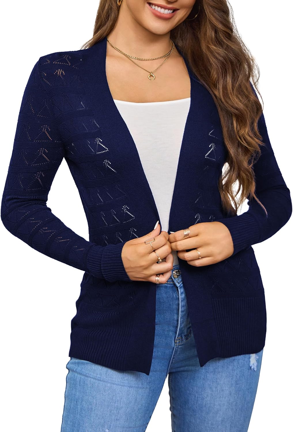 VOIANLIMO Women's Open Front Casual Long Sleeve Knit Classic Sweaters Cardigan with Pockets