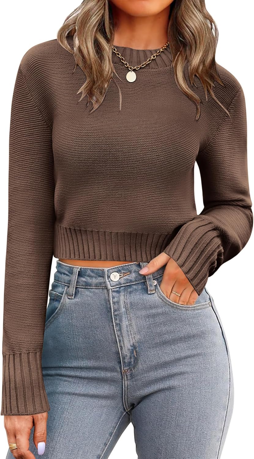 Zeagoo Women's 2025 Fall Crewneck Cropped Sweater Trendy Long Sleeve Ribbed Knit Pullover Jumper Tops