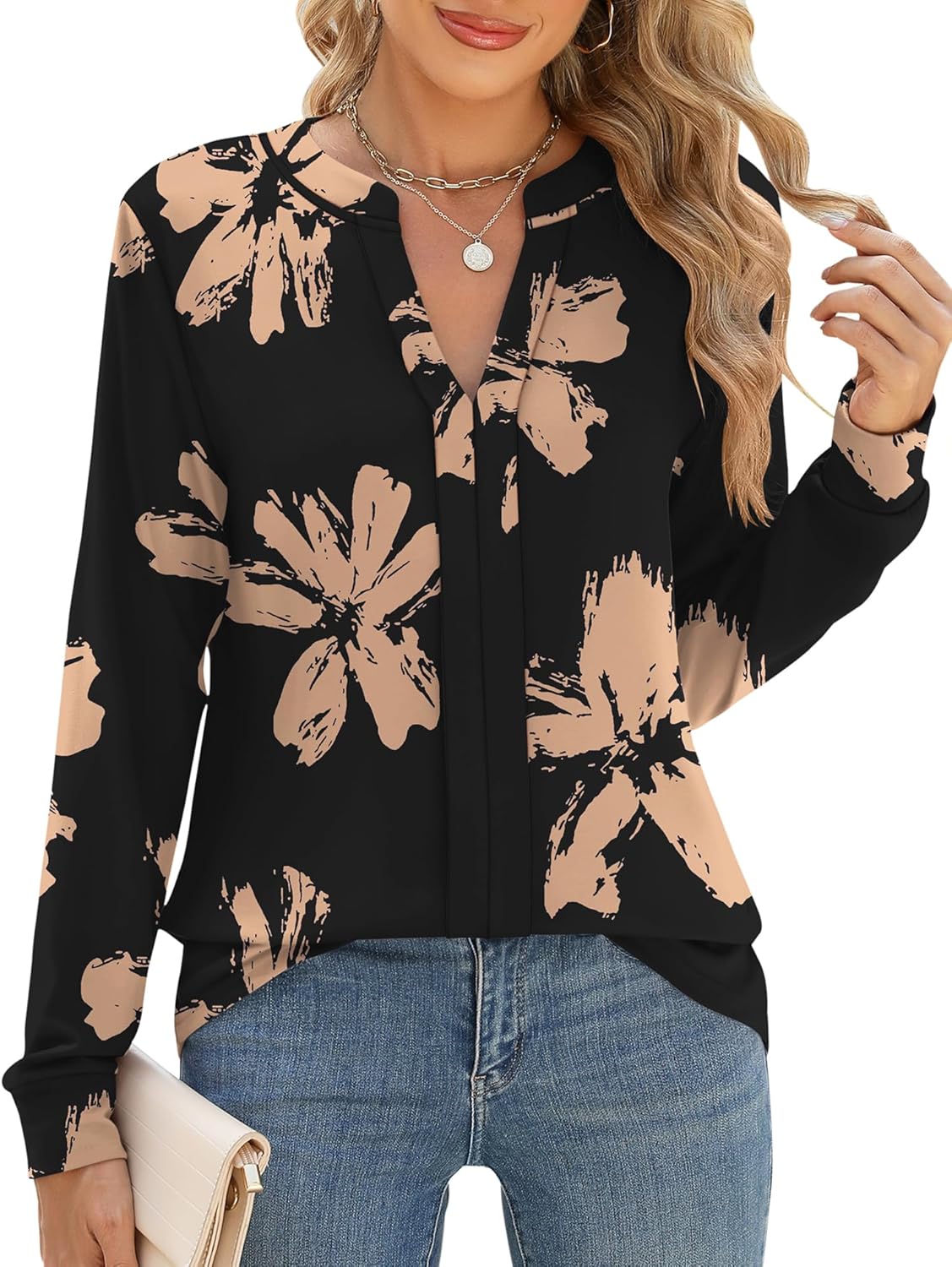 Micoson Womens Tops Dressy Casual Long Sleeve Business Knit T Shirts V Neck Pleated Work Blouses Loose Fall Trendy Clothes