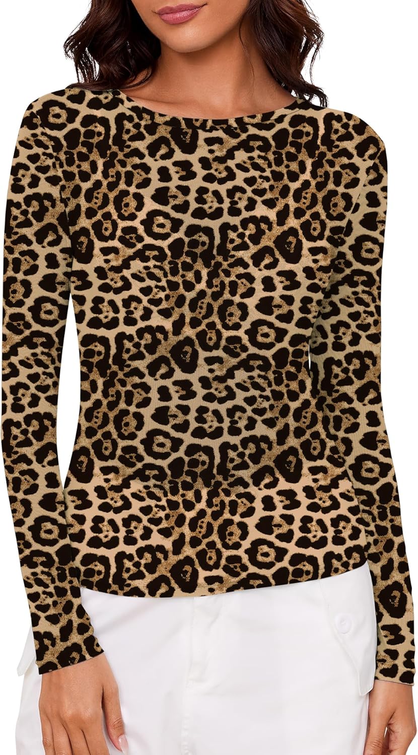 AKEWEI Womens Mesh Long Sleeve Tops Crew Neck Sexy See Through Tee Shirts Party Club Night Lace Blouse