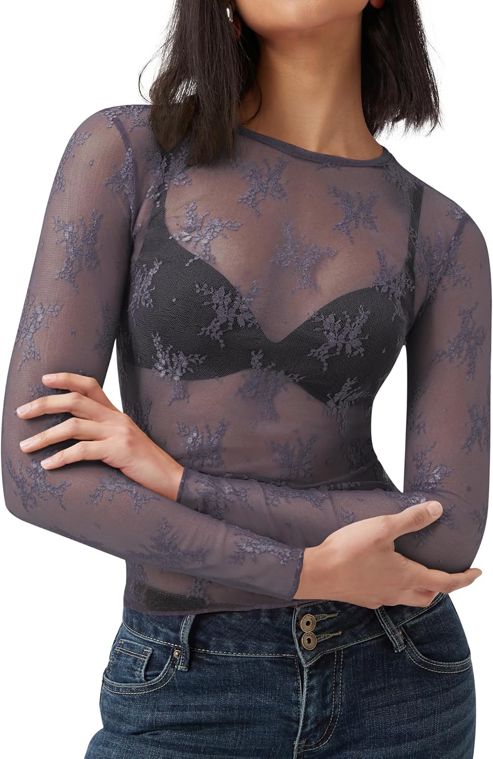 AKEWEI Womens Mesh Long Sleeve Tops Crew Neck Sexy See Through Tee Shirts Party Club Night Lace Blouse