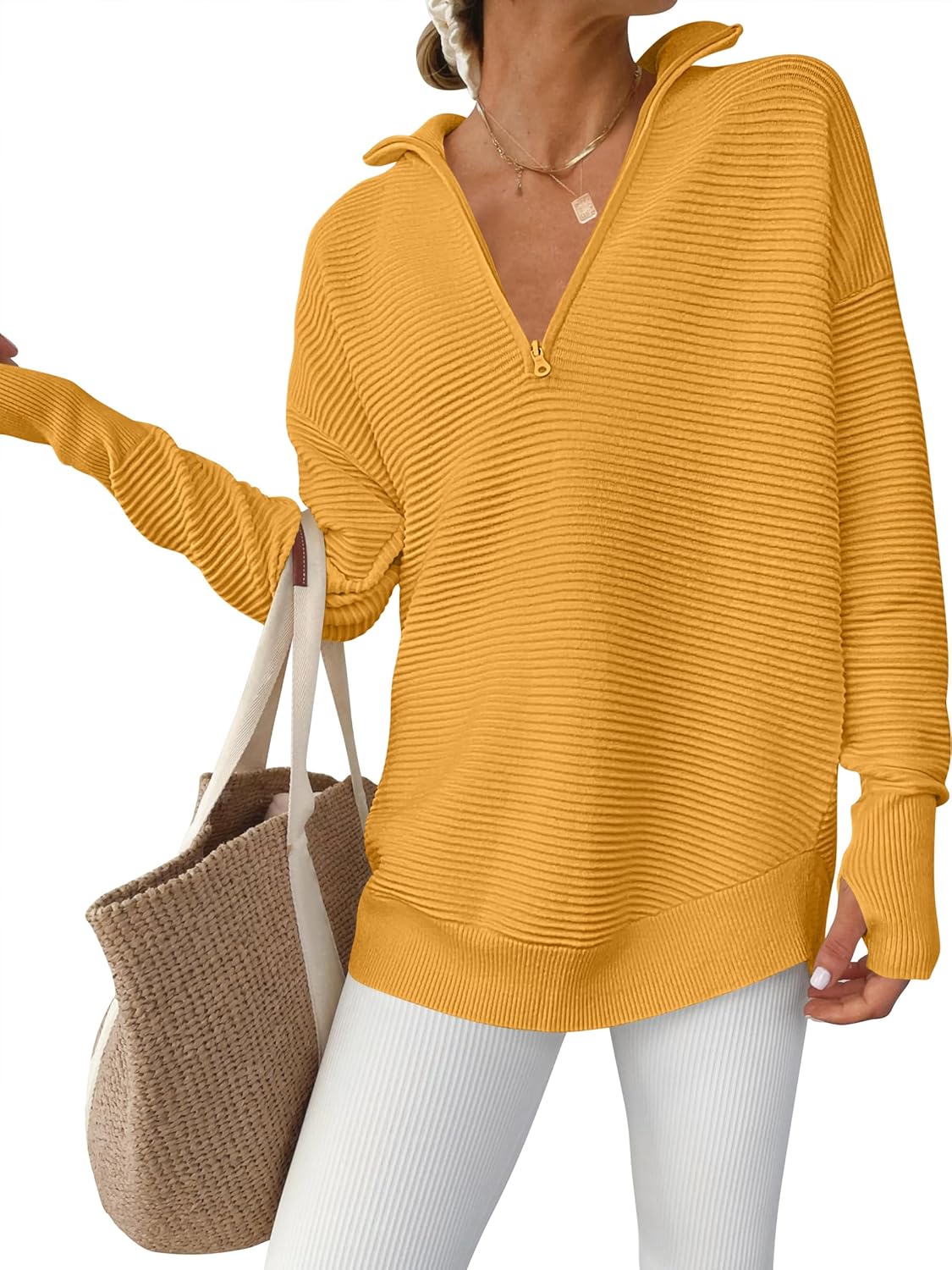 ANRABESS Womens Long Sleeve Quarter Zip Pullover Sweater Casual Loose V Neck Collared Ribbed Knit Jumper Tops Thumb Hole