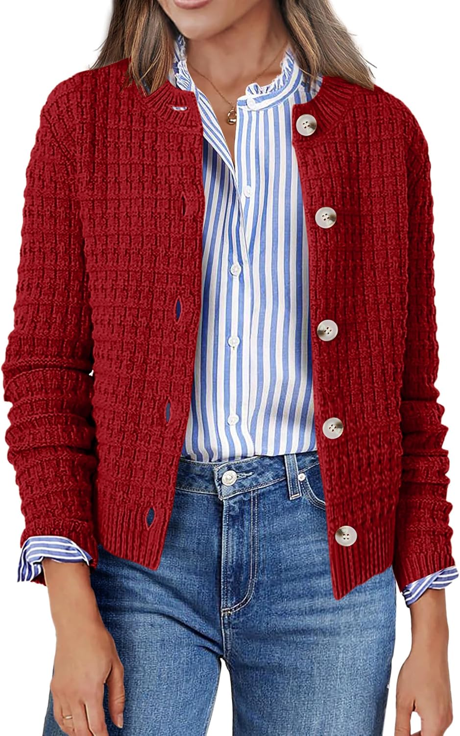 Zeagoo Women's 2025 Cardigan Sweaters Button Down Crew Neck Open Front Long Sleeve Knit Cropped Jackets