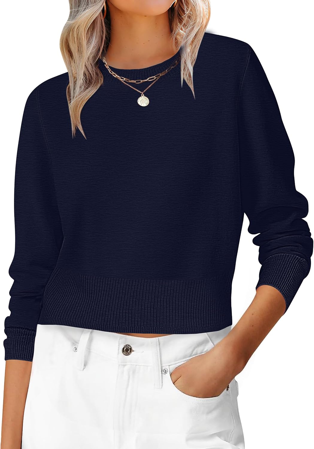 ANRABESS Women’s Long Sleeve Sweaters Cropped Crew Neck Business Casual Light Weight Sweater Tops Fall Fashion Clothes 2025