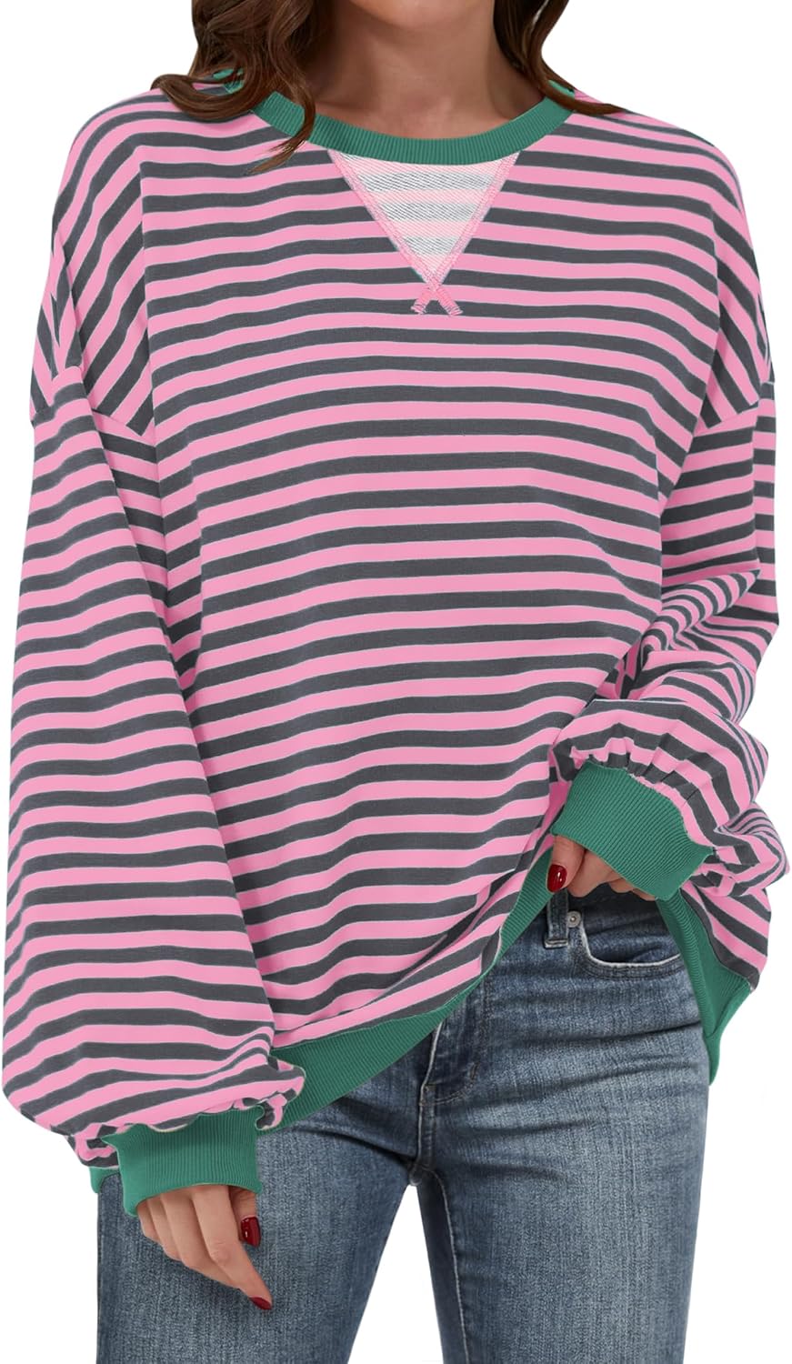 ANRABESS Women Striped Sweatshirts Oversized Crewneck Long Sleeve Shirts Y2K Pullover Top 2025 Fall Outfits Fashion Clothes