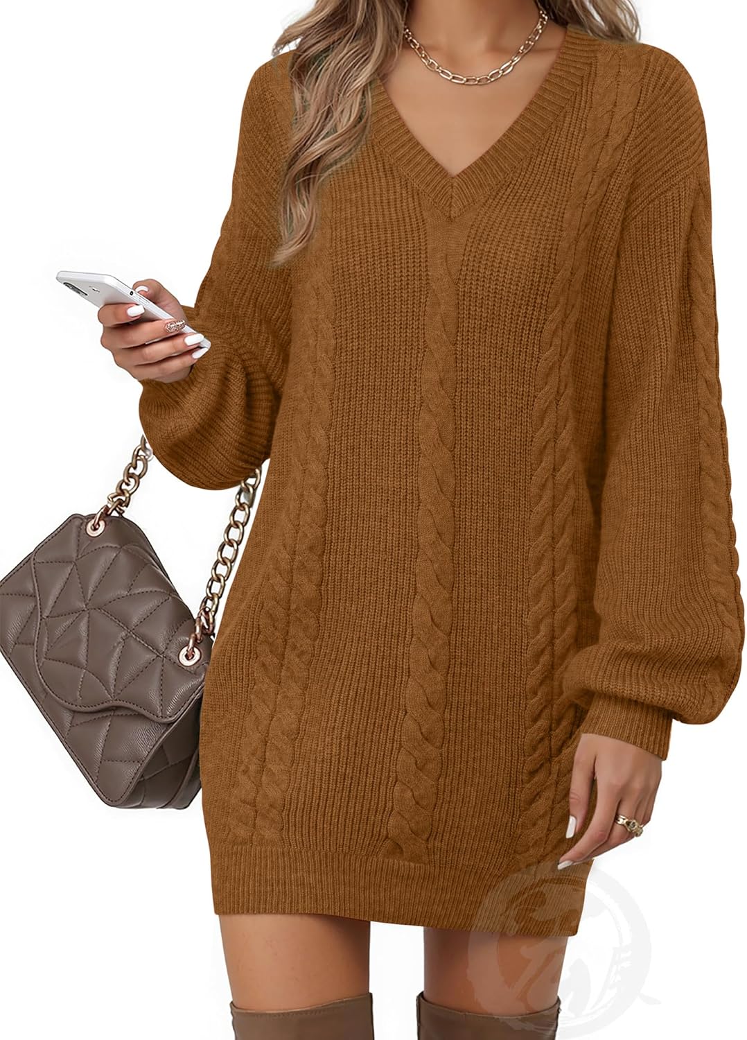 Women's Pullovers Jumper Sweaters Lantern Sleeve Casual V Neck Fall Knit Mini Sweater Dresses