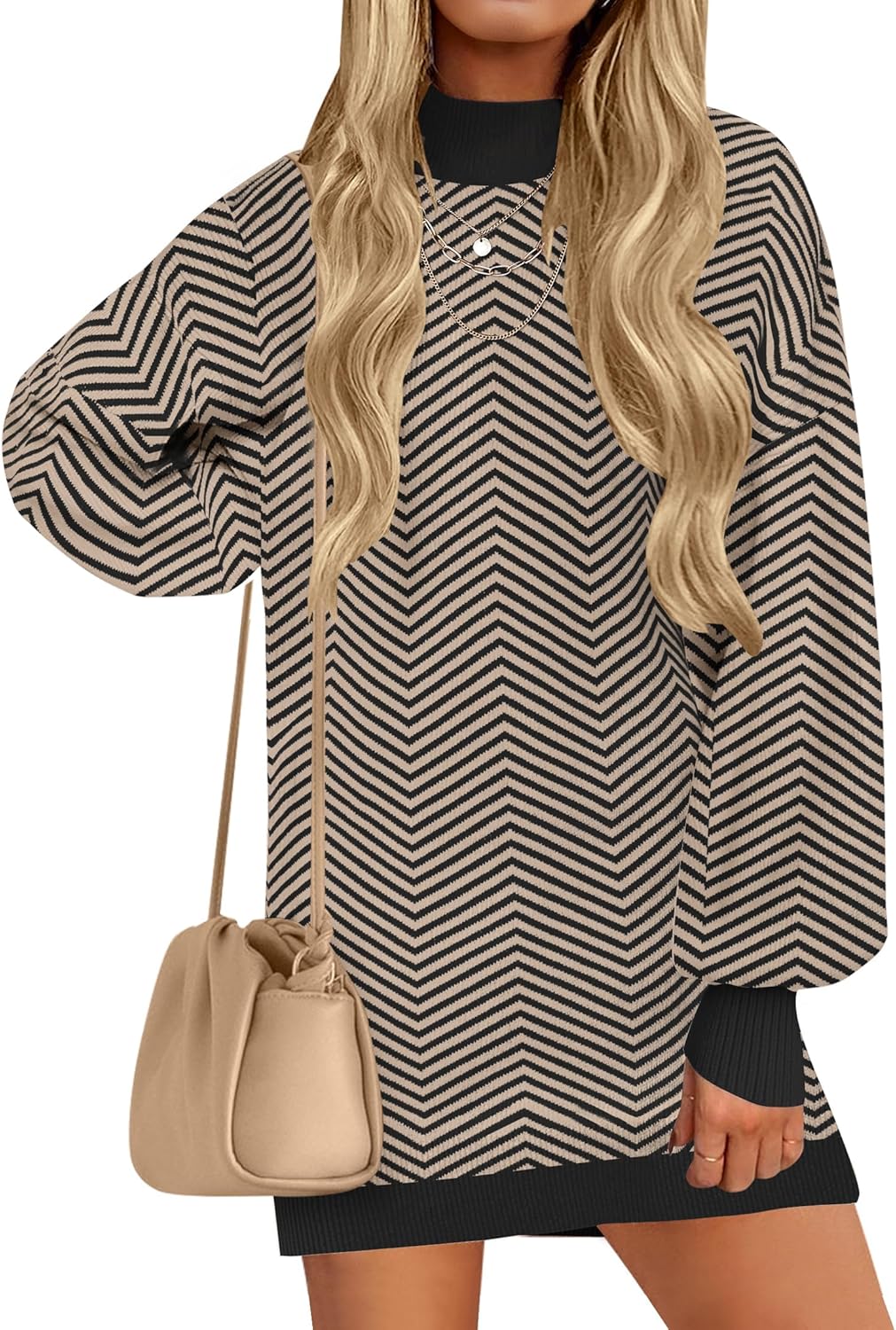 ZESICA Women's 2025 Fall Turtleneck Sweater Dress Oversized Long Lantern Sleeve Casual Knit Pullover Mini Dresses