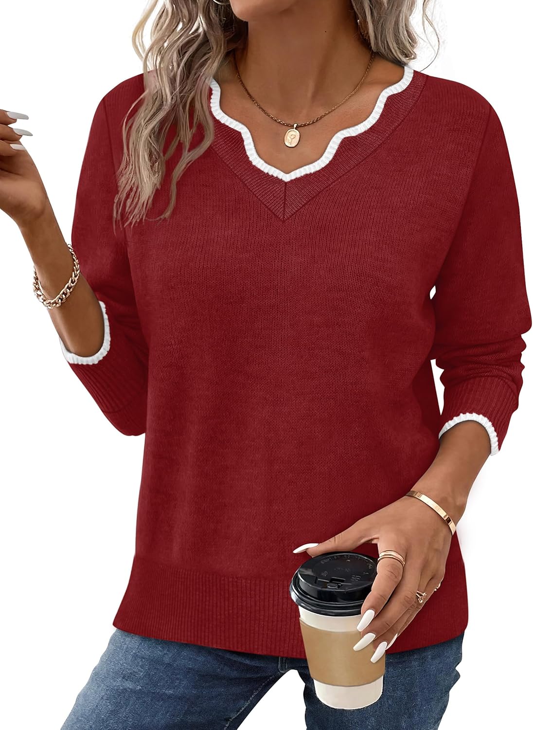 OFEEFAN Womens V Neck Sweaters Pullover Cozy Lightweight Sweaters Long Sleeve Tops Fall Outfits 2025