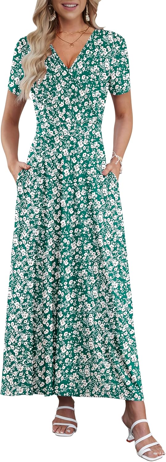 AUSELILY Maxi Dresses for Women Ankle Length Floral Print Beach Long Flowy Dress with Pockets