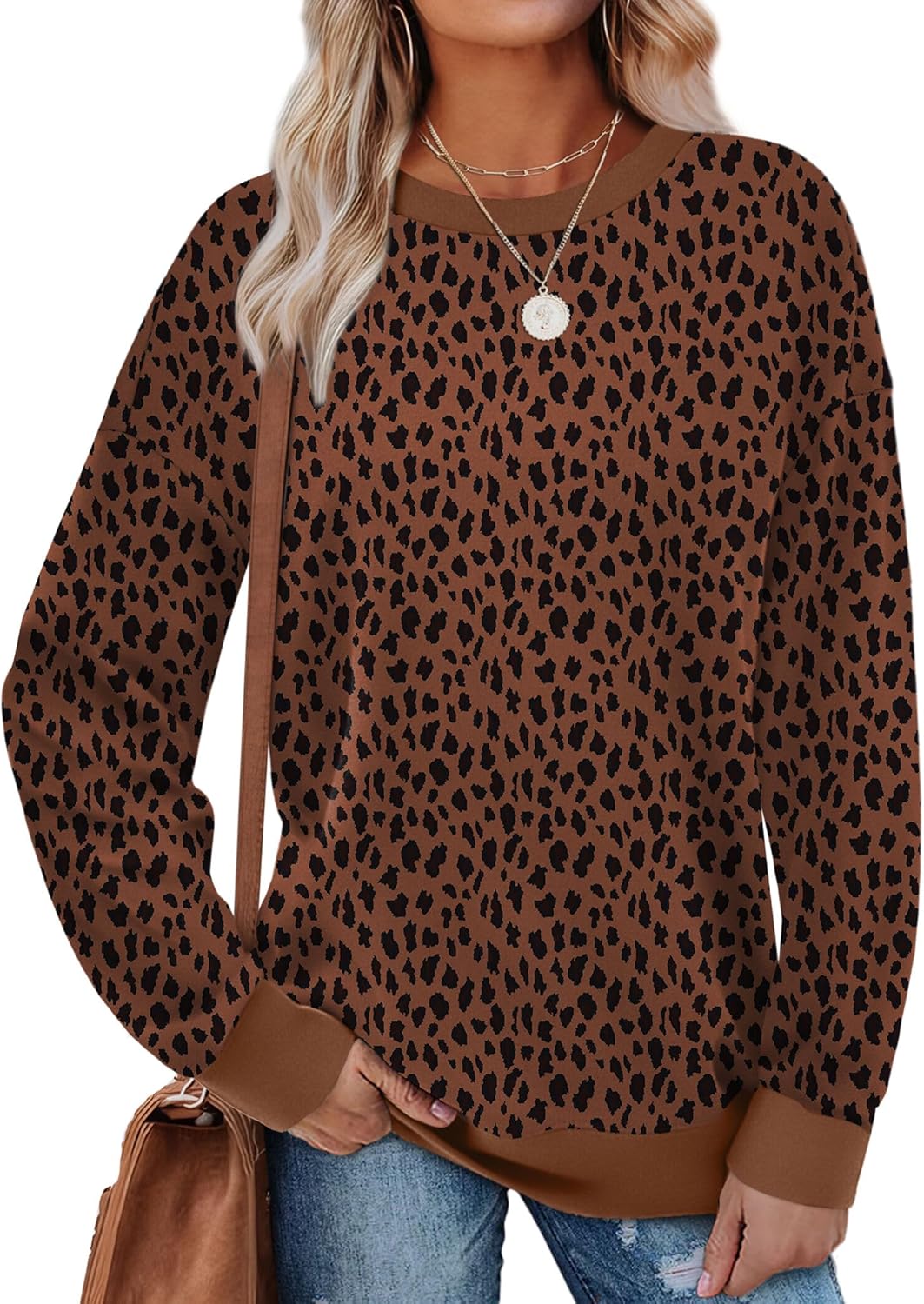 Saloogoe Sweatshirts for Women Crewneck Long Sleeve Loose Fit Tops Color Block Ribbed Trim Fashion 2025