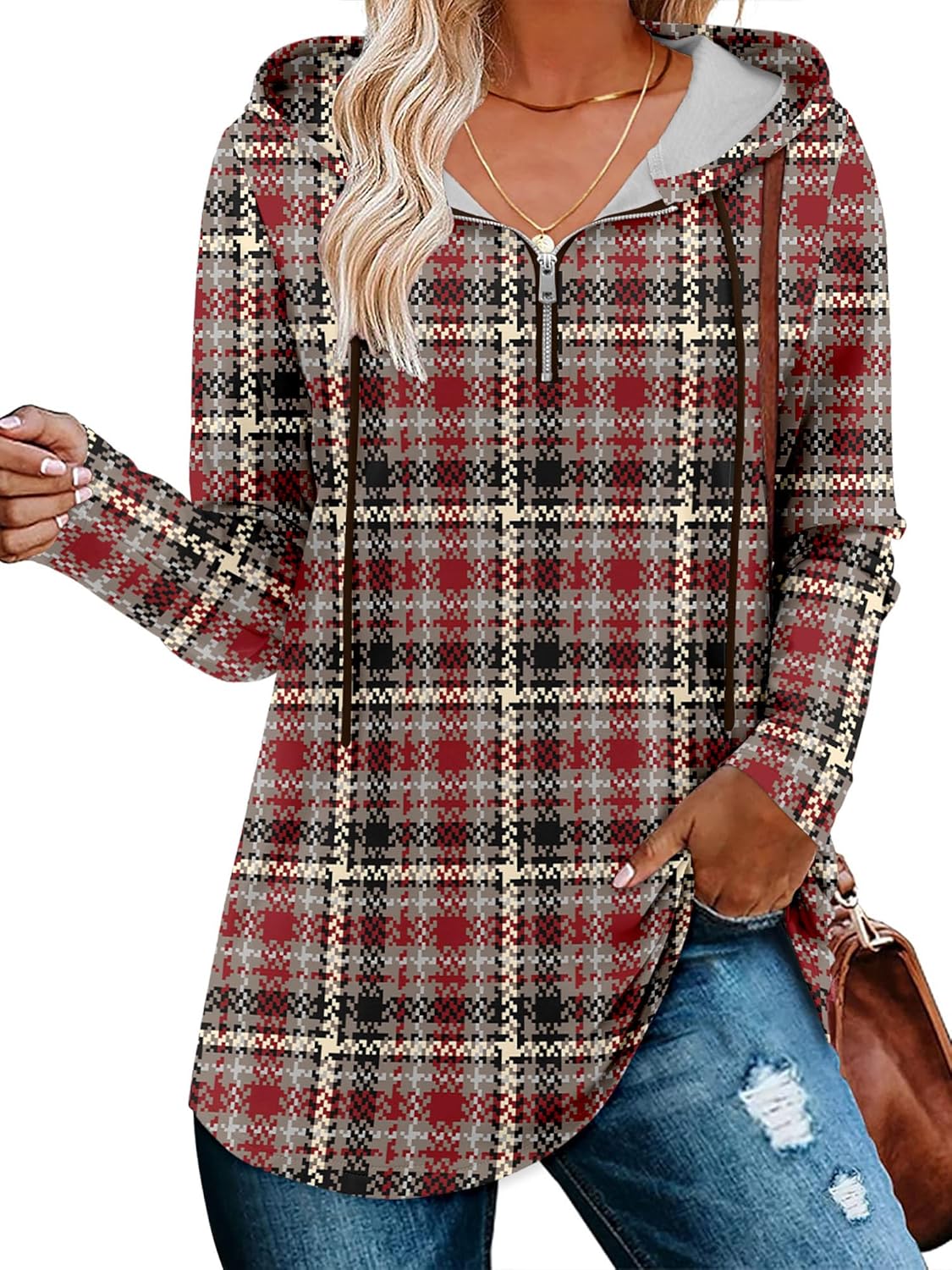 BETTE BOUTIK Womens Quarter Zip Tunic Hoodies Pullover Long Hooded Sweatshirts S-3XL