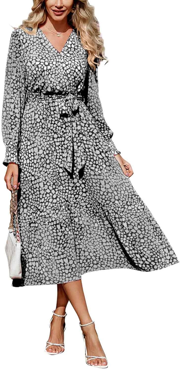 PRETTYGARDEN Women's Floral Boho Dress Fall Long Sleeve Wrap V Neck Ruffle Flowy Maxi Spring Wedding Guest Vacation Dresses