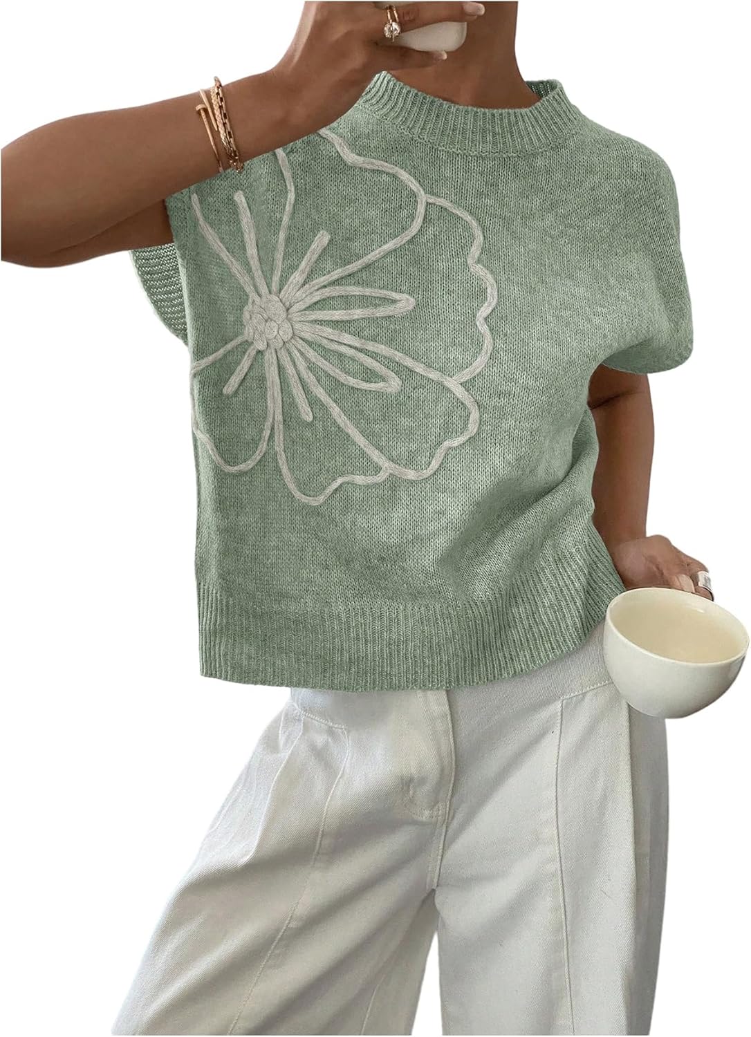 SOLY HUX Women's Ribbed Sweater Crew Neck Short Sleeve Loose Fit Floral Knit Pullover Tops