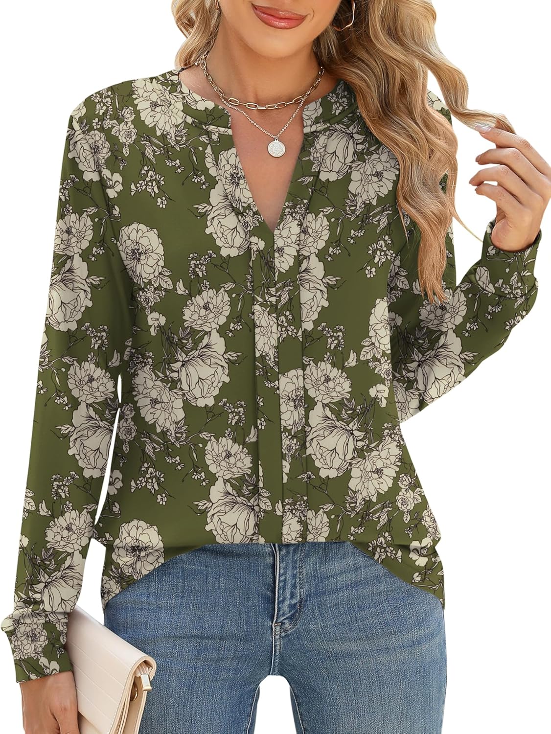 Micoson Womens Tops Dressy Casual Long Sleeve Business Knit T Shirts V Neck Pleated Work Blouses Loose Fall Trendy Clothes