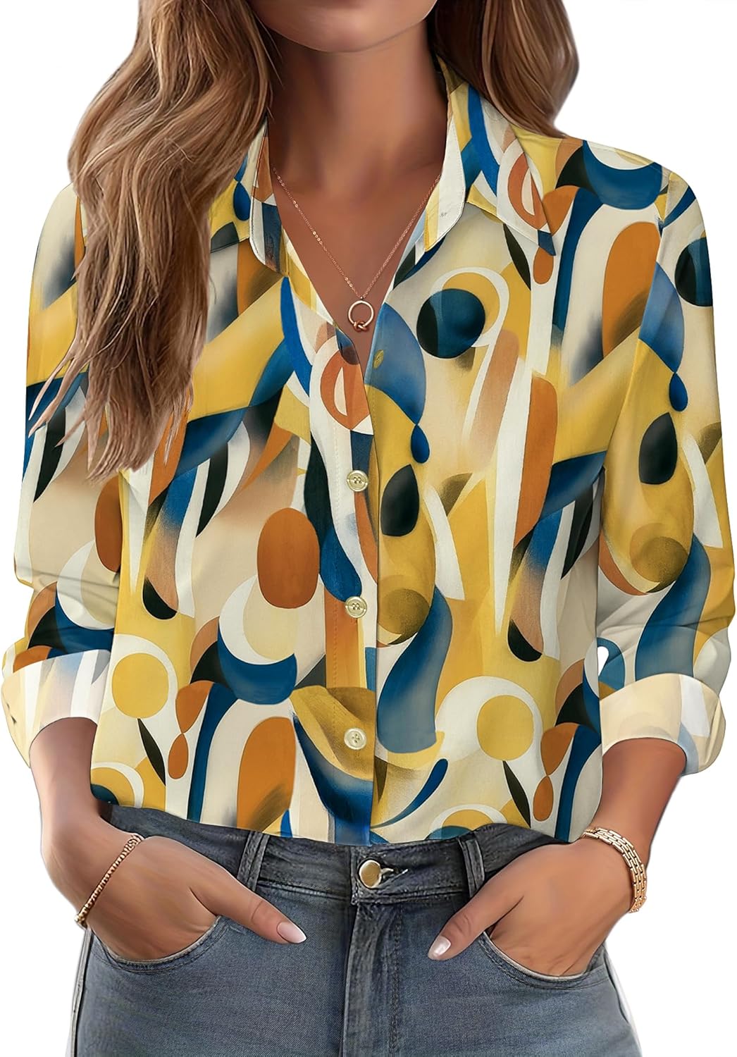 Zeagoo Button Down Shirts for Women Dressy Floral Printed Long Sleeve Blouse Business Casual Work Tops