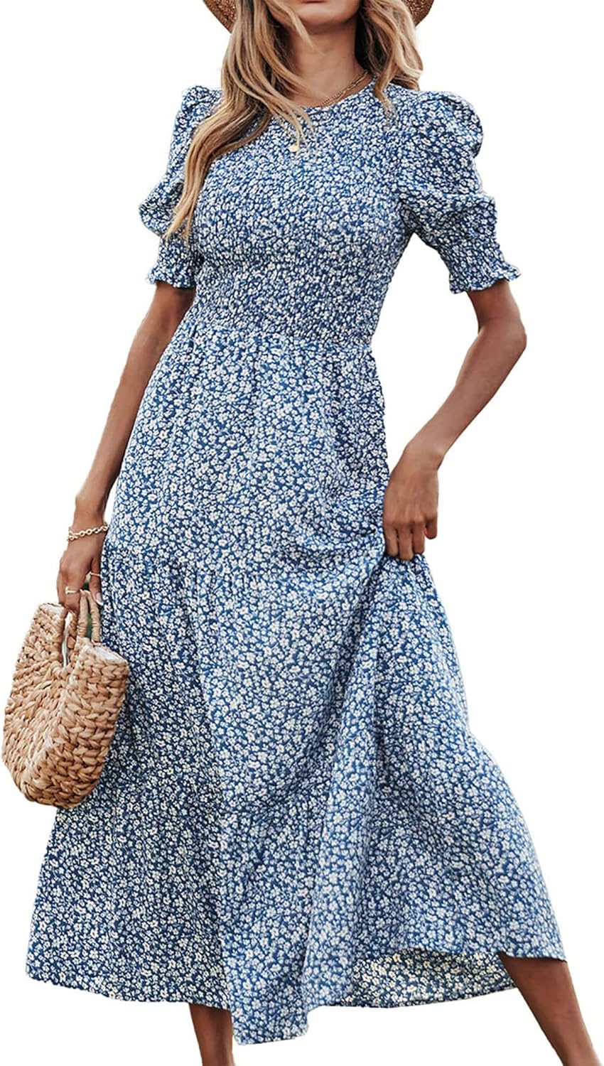 BTFBM Women Casual Summer Dresses 2025 Spring Crew Neck Ruffle Short Sleeve Floral Print Smocked Boho Flowy Maxi Dress