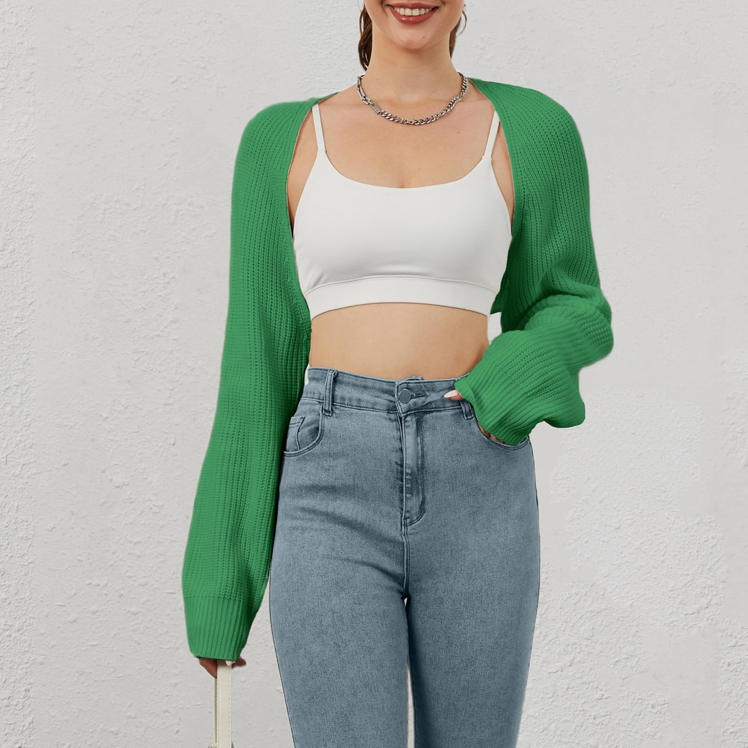 Women Open Front Ribbed Knit Crop Bolero Drop Shoulder Long Sleeve Solid Loose Fit Knitted Crop Cardigan Shrug