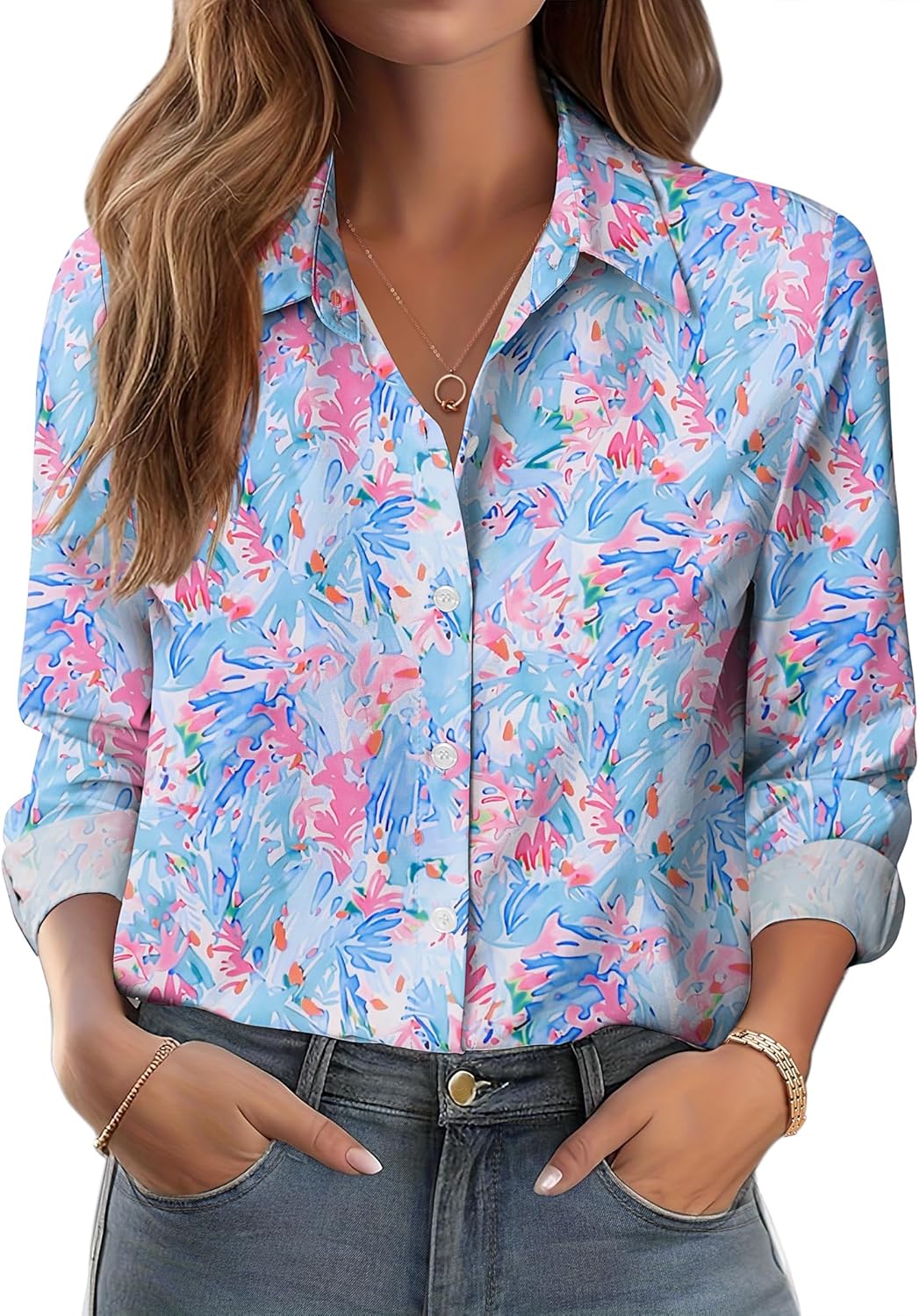 Zeagoo Button Down Shirts for Women Dressy Floral Printed Long Sleeve Blouse Business Casual Work Tops