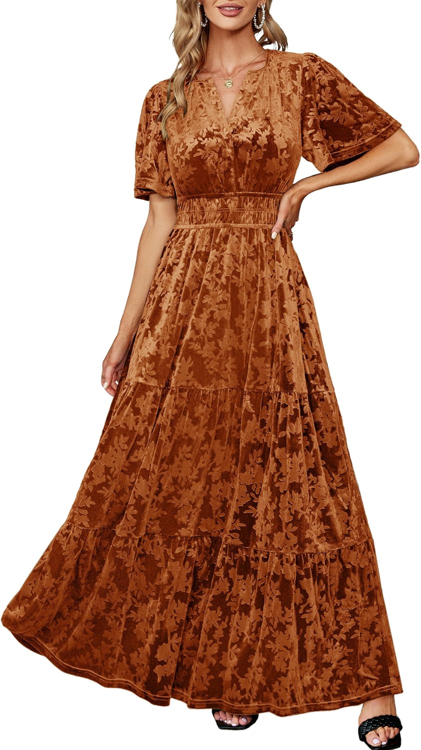 Amegoya Women's Velvet Short Sleeve V Neck Formal Wedding Guest Maxi Dresses Fall Evening Party Long Dresses