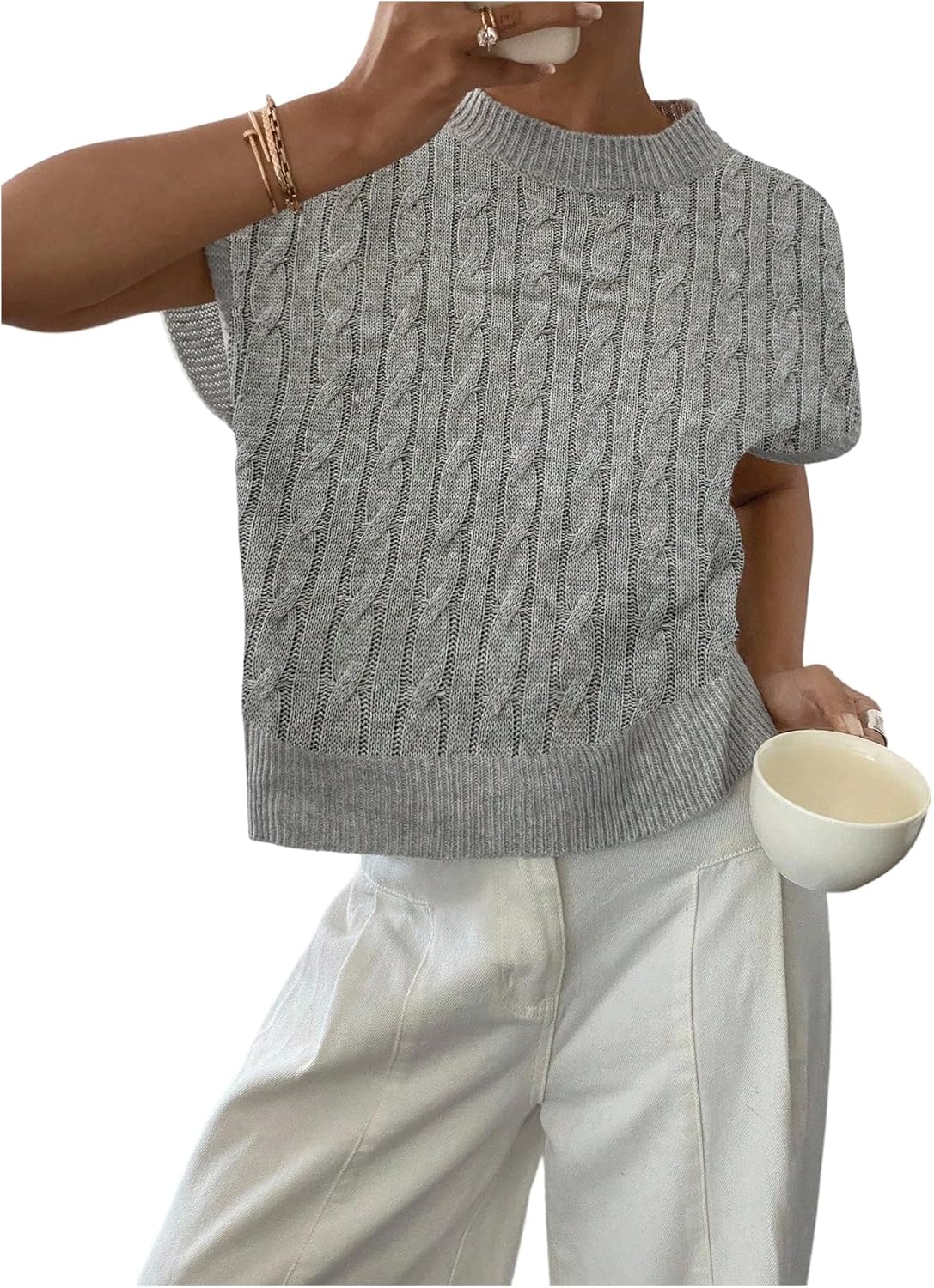 SOLY HUX Women's Ribbed Sweater Crew Neck Short Sleeve Loose Fit Floral Knit Pullover Tops