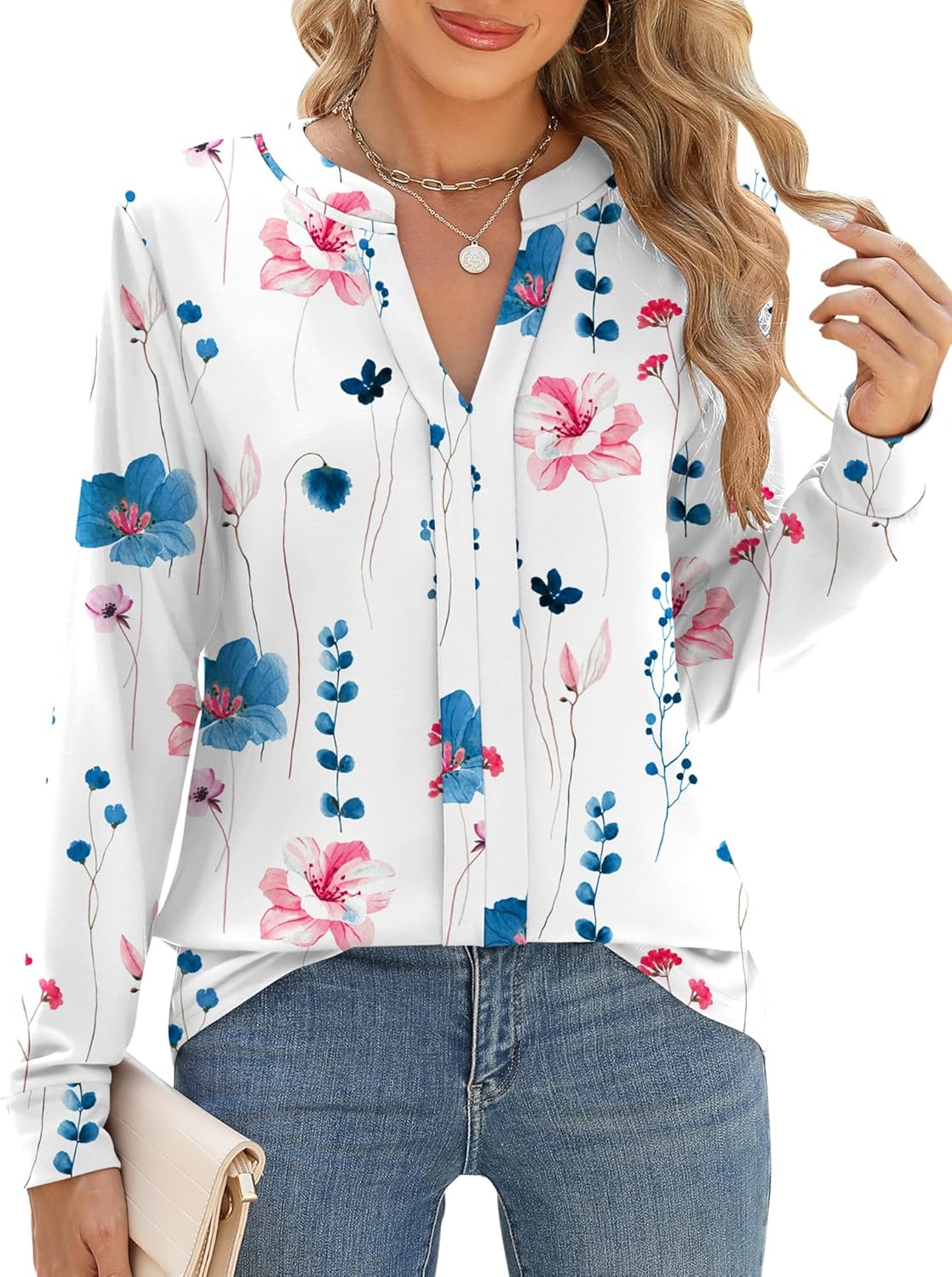 Micoson Womens Tops Dressy Casual Long Sleeve Business Knit T Shirts V Neck Pleated Work Blouses Loose Fall Trendy Clothes