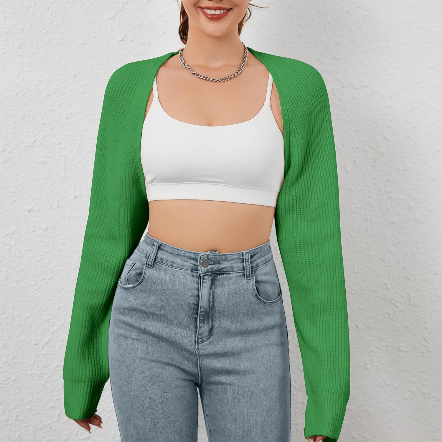 Women Open Front Ribbed Knit Crop Bolero Drop Shoulder Long Sleeve Solid Loose Fit Knitted Crop Cardigan Shrug