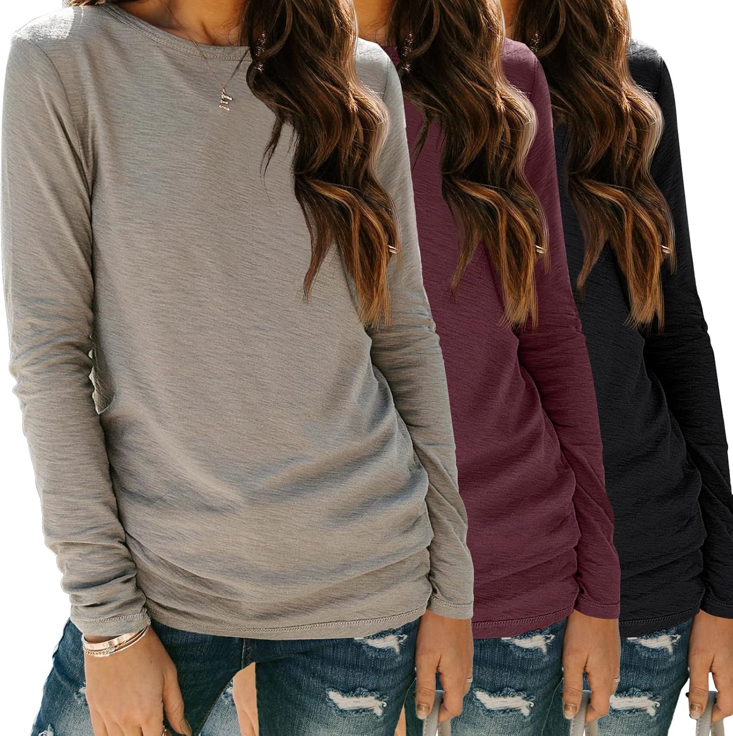 SUNBS Womens 3 Packs Long Sleeve Shirts Loose Fit Fall Tops Fashion Clothes 2025 Basic Workout Tees School Teacher Outfits