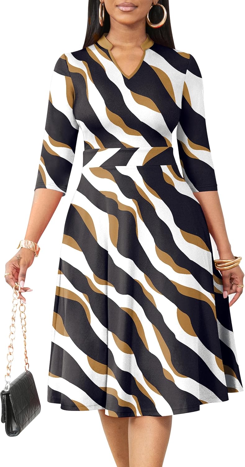 Nmoder Casual Dresses for Women Semi Formal Fit and Flare 3/4 Sleeve A-line Church Work Dress with Pockets