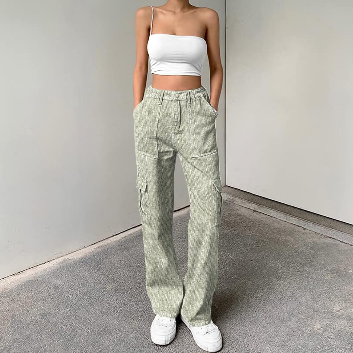 Lepunuo Cargo Pants for Women High Waisted Casual Pants Baggy Stretchy Wide Leg Y2K Streetwear with 6 Pockets