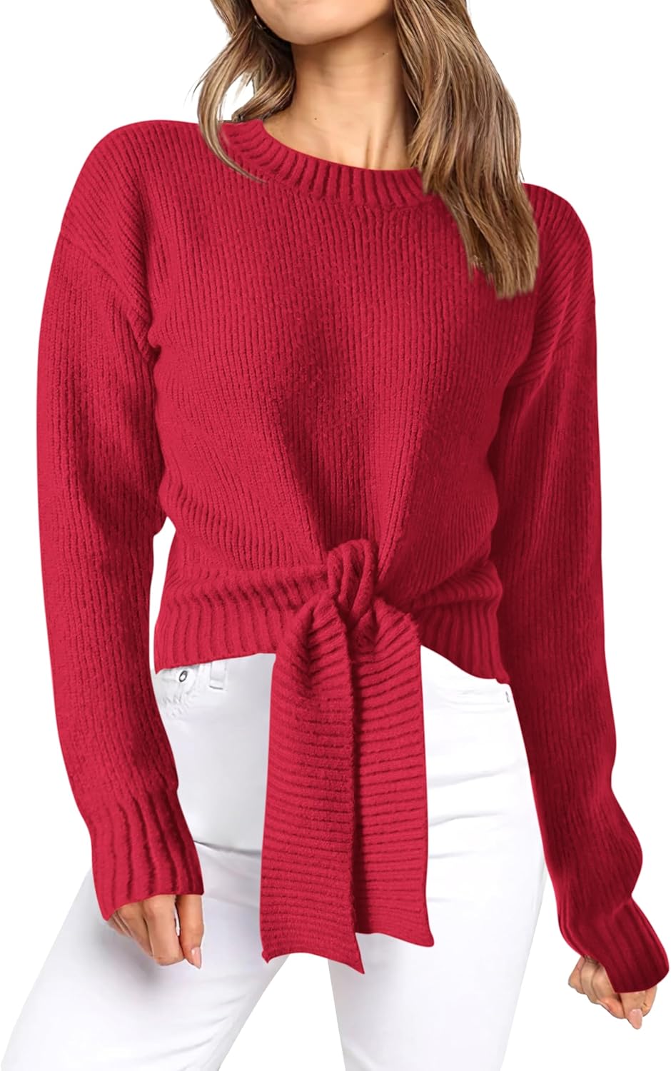 Okiwam Women's Long Sleeve Cropped Sweaters Casual Knit Pullover Tie Front Crew Neck Fall Outfits Fashion Clothes 2025