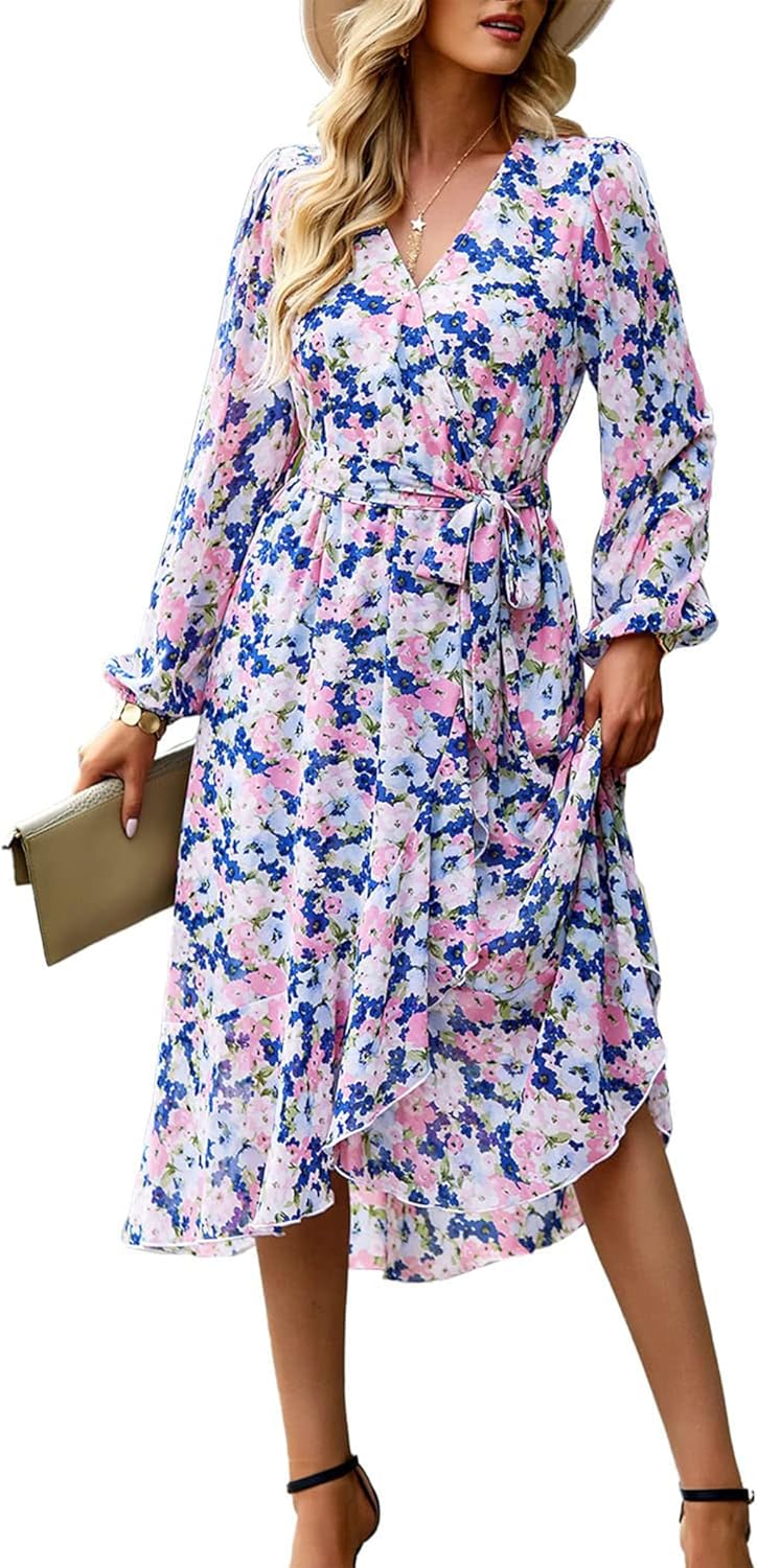 PRETTYGARDEN Women's Floral Boho Dress Fall Long Sleeve Wrap V Neck Ruffle Flowy Maxi Spring Wedding Guest Vacation Dresses