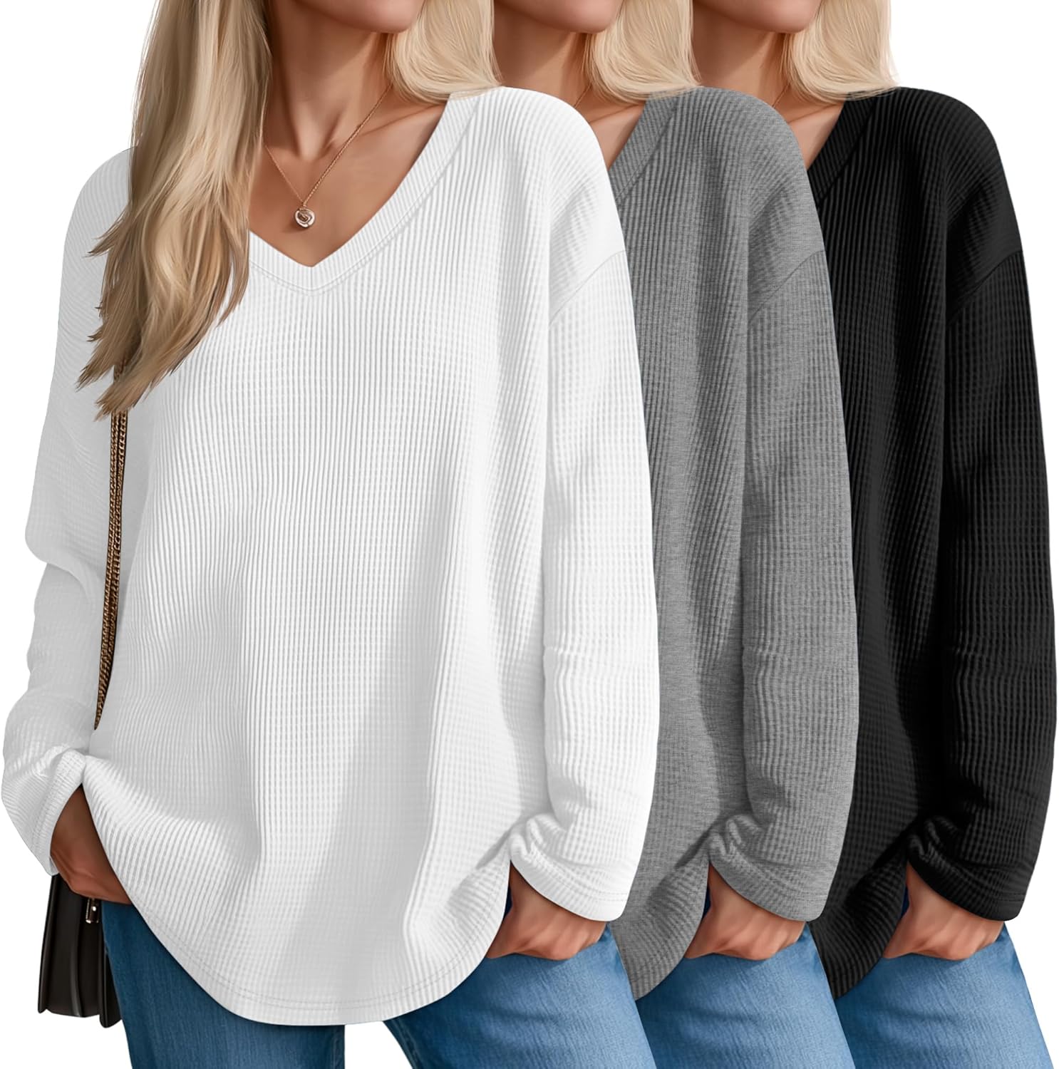 3 Pack Women's Oversized Waffle Knit Shirts, V Neck Long Sleeve Top Fall Casual Sweatshirt for Women