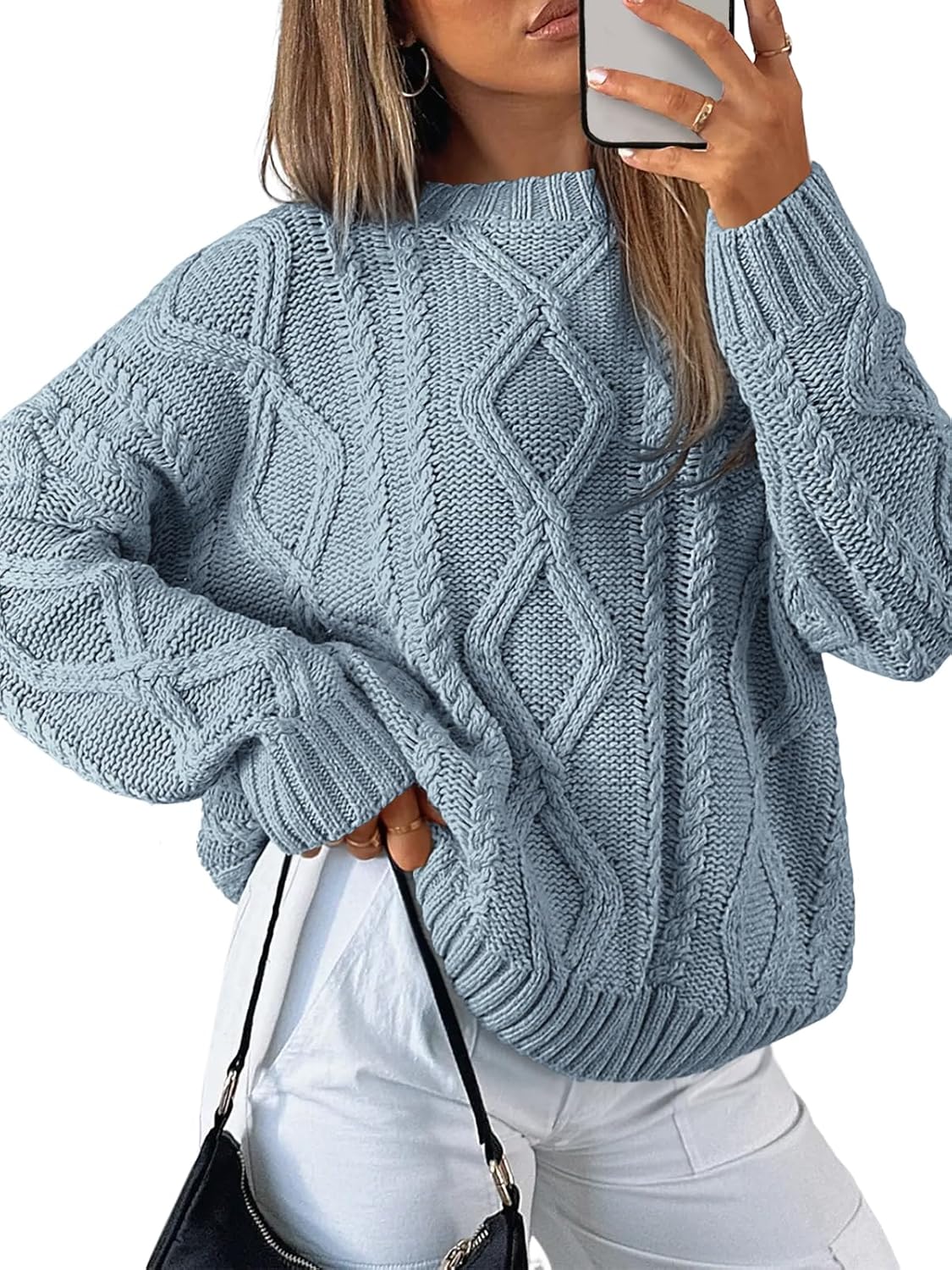 Trendy Queen Women's Oversized Cable Knit Crewneck Sweaters
