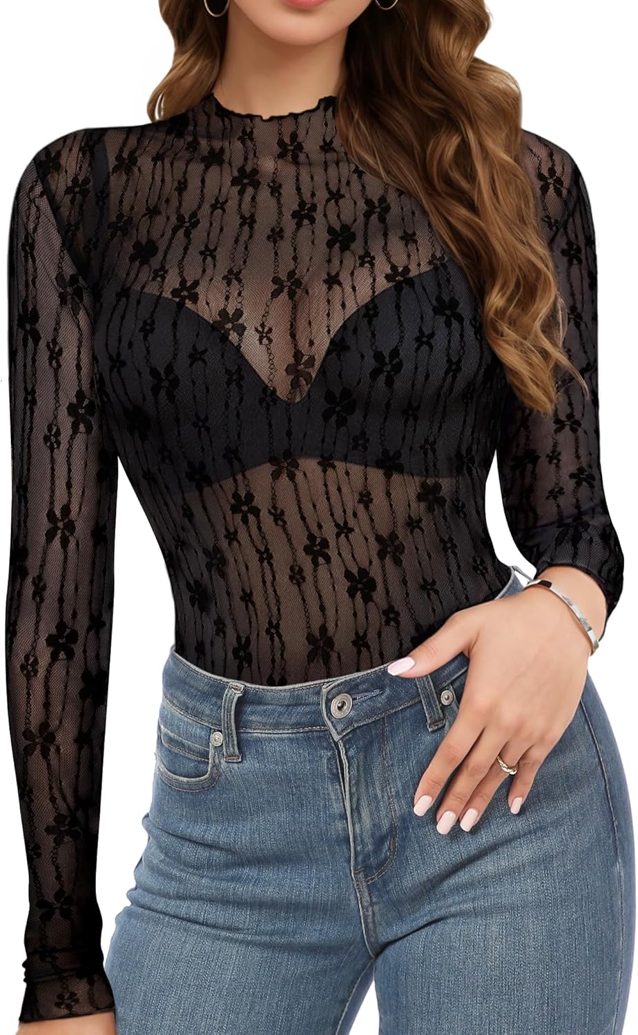 Buauty Mesh Long Sleeve Top for Women, Lace Sheer Tops See Through Mock Neck Floral Embroidery Sheer Blouce Fishnet Shirt