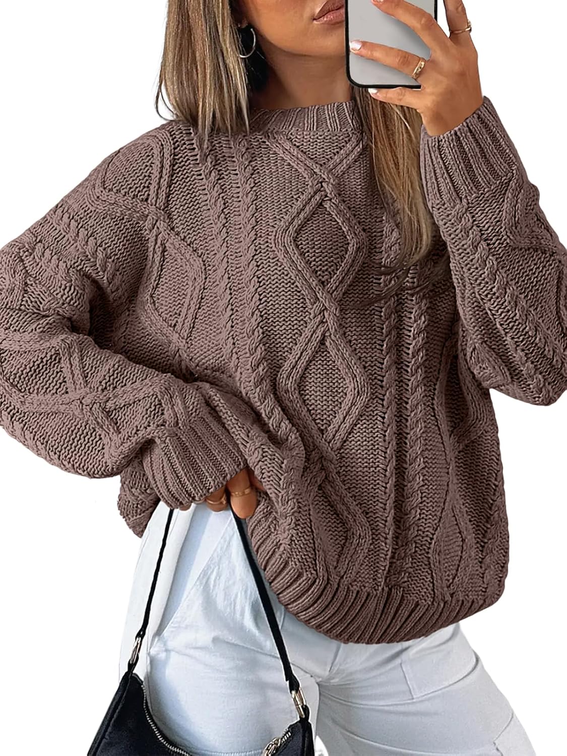 Trendy Queen Women's Oversized Cable Knit Crewneck Sweaters