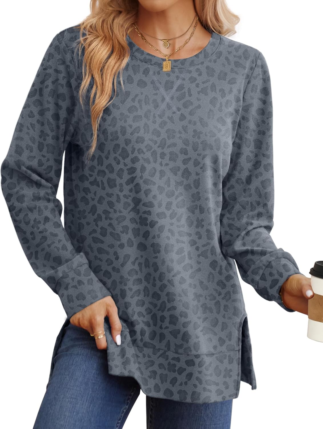 Saloogoe Sweatshirt for women Side Split Fall Fashion 2025 Long Sleeve Shirts Trending Now