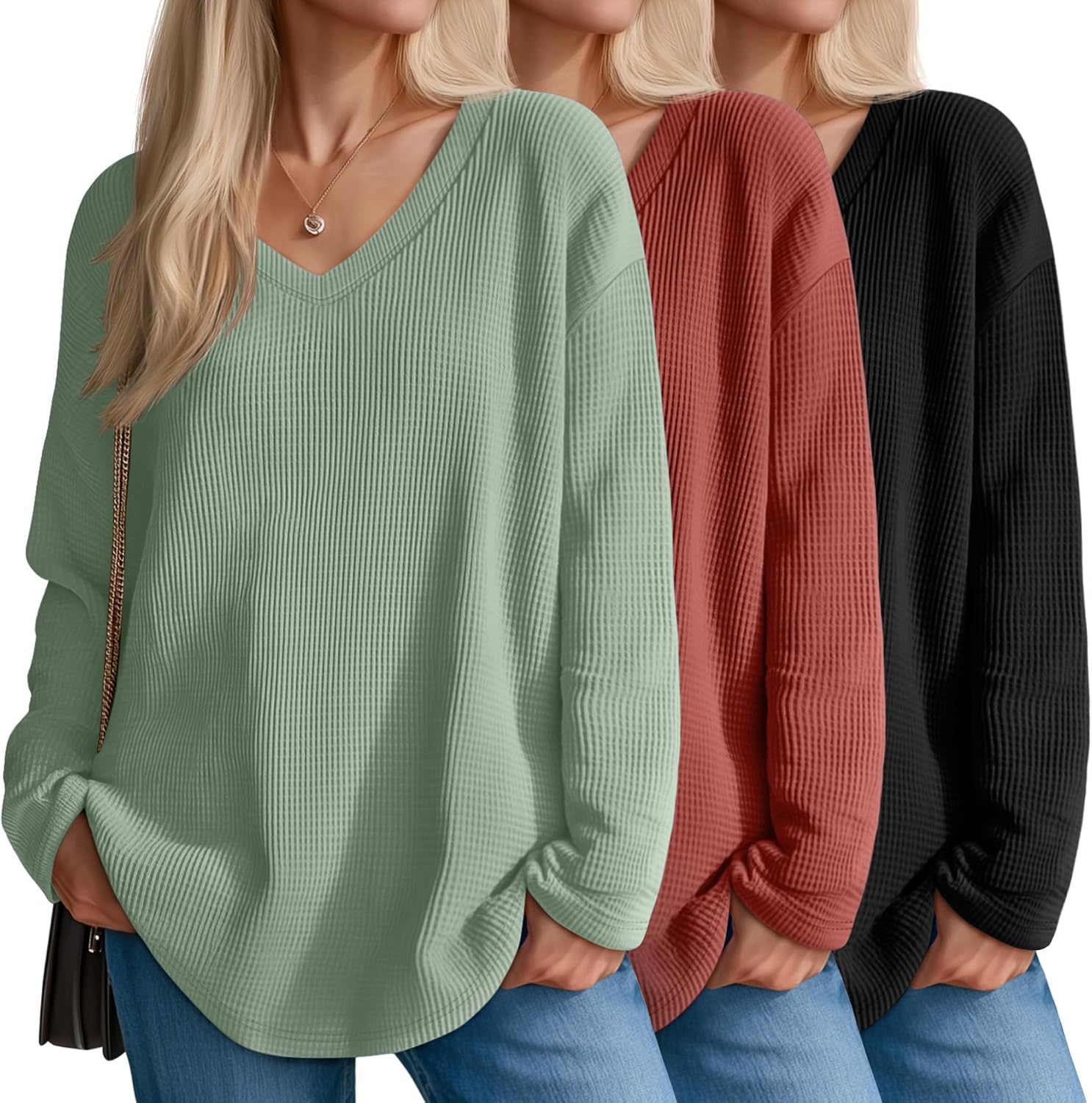 3 Pack Women's Oversized Waffle Knit Shirts, V Neck Long Sleeve Top Fall Casual Sweatshirt for Women