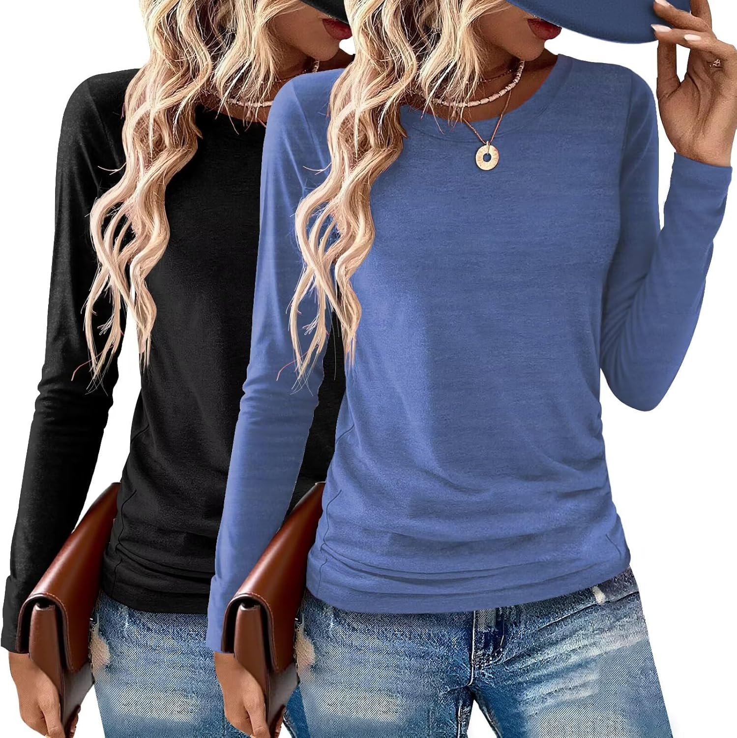 2 Pack Womens Tops Crewneck Soft Long Sleeve Shirts Fall Clothes Casual Tshirts Basic Tee