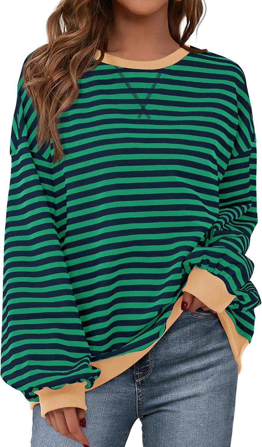 BTFBM Womens Oversized Striped Sweatshirt Crewneck Long Sleeve Pullover Top Casual Y2K Fall Clothes 2025 Workout Shirt