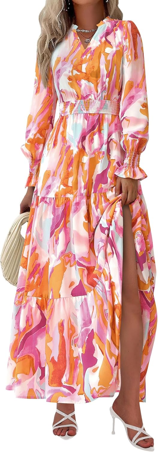 PRETTYGARDEN Women's Floral Maxi Dress 2025 Fall Long Sleeve V Neck Casual A Line Long Flowy Boho Party Dresses