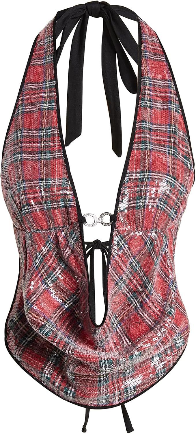 Verdusa Women's Cheetah Print Sequin Top Y2K Tie Back Corset Halter Going Out Crop Tops